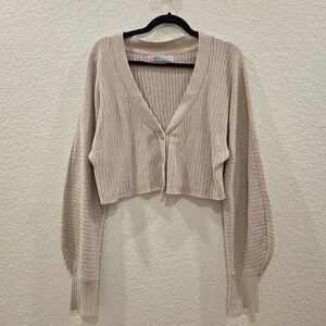 Free People FP Beach Ribbed Cropped Cardigan Sweater Beige Large Balloon Sleeve